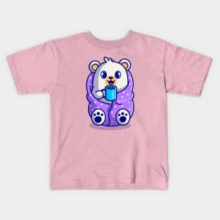 Cute Polar Bear Wearing Blanket And Drink Hot Coffee Cup Cartoon Kids T-Shirt